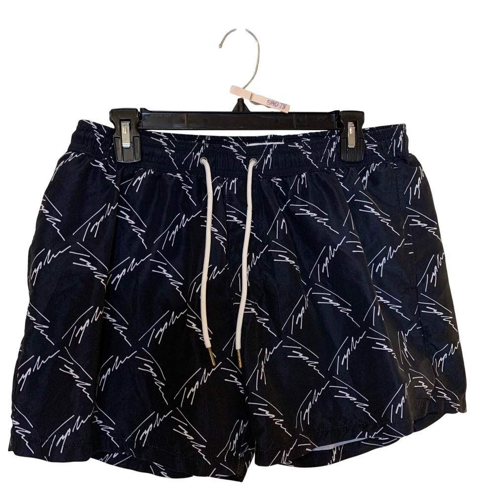Topman Men Black White Script Logo Print Swim Trunks Shorts Large 33Q56SBLK